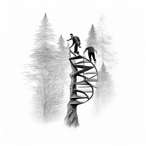 A Man Climbing A Spiral Staircase Made Of Tree Roots