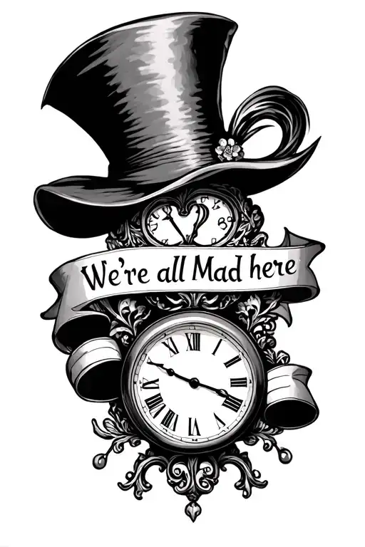Mad Hatters Hat Clock And Table With 'We're All Mad Here' Ribbon