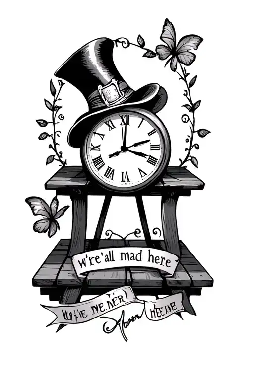 Mad Hatters Hat Clock And Picnic Table With 'We're All Mad Here' Ribbon