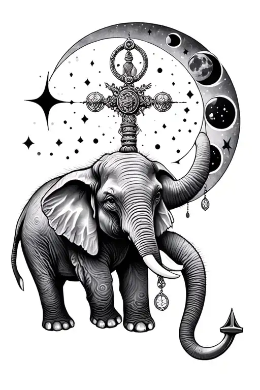 Elephant With Moon Phases And Anchor Connected