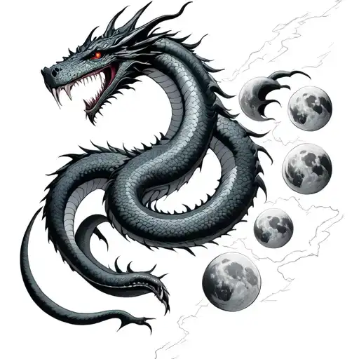 One Huge Serpent Like Dragon Trying To Eat 7 Moons While There Is A Storm Of Lightning