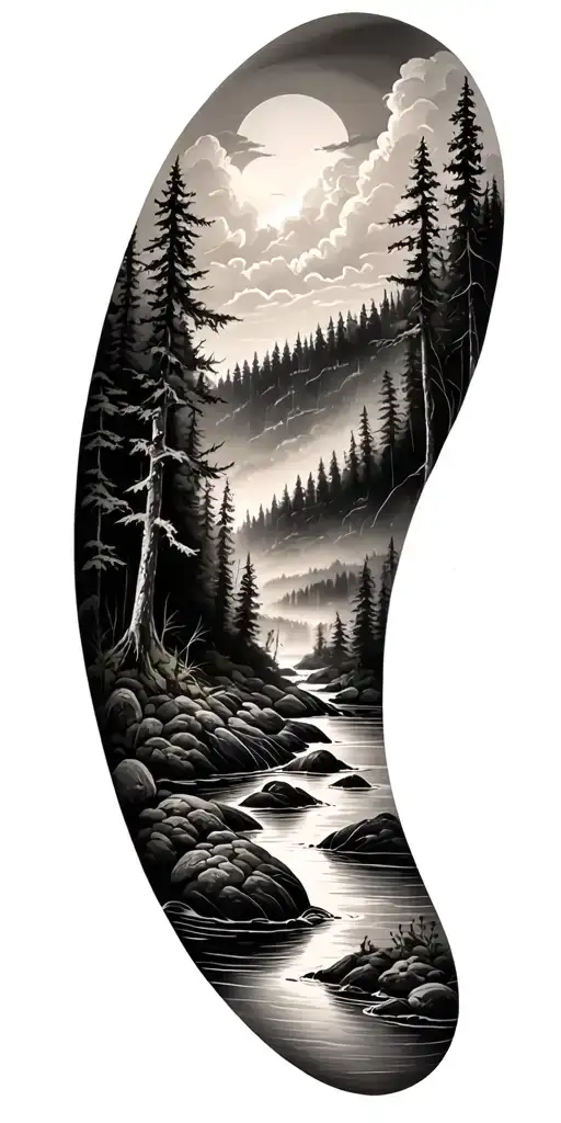 A Black-grey Tattoo Of A River Flowing Through A Forrest