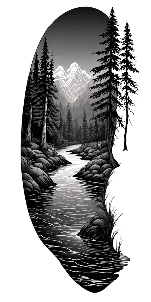 A Black-grey Tattoo Of A River Flowing Through A Forrest
