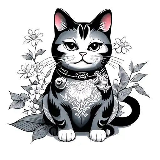 Japanese Lucky Cat With Fish And Flowers