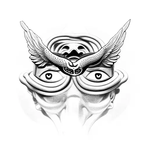 Statue Of Head With Wings Covering Each Eye With A Sword Piercing Through A Snake