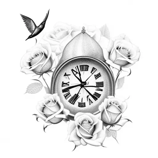 Clock And Roses And Hummingbirds And Praying Hands