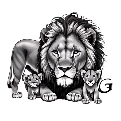 Lioness With Lion And A Lion Cub And Letter G Incorporated