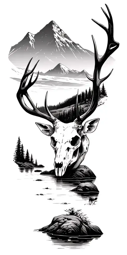Deer Skull On The Bank Of A River That Flows Into Mountains