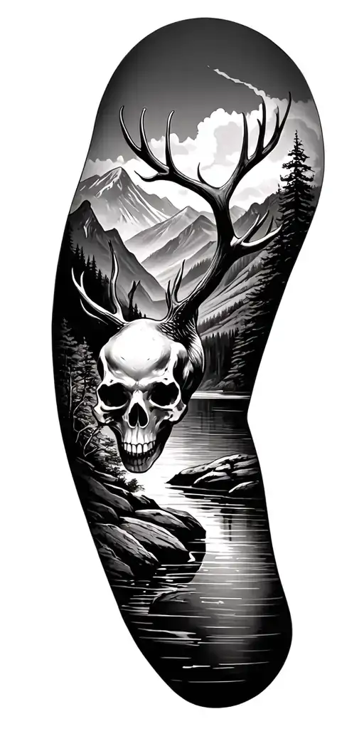 Black And Grey Full Sleeve Tattpp Of Adeer Skull On The Shore Of A River That Flows Into Mountains