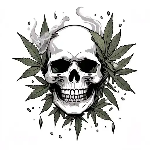 Skull With Weed Leafs Falling And Smoke Surrounding