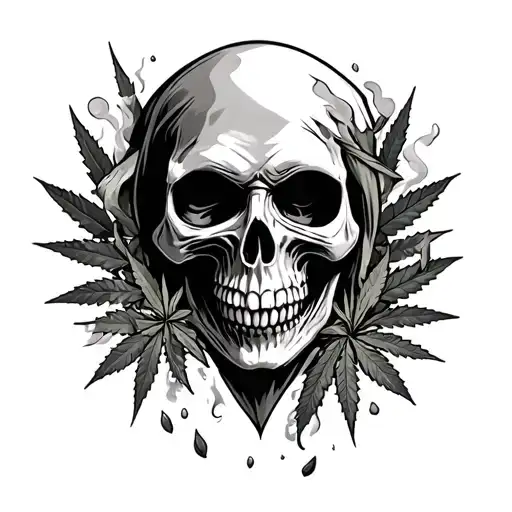 Grim Reaper Skull With Weed Leafs Falling And Smoke Surrounding