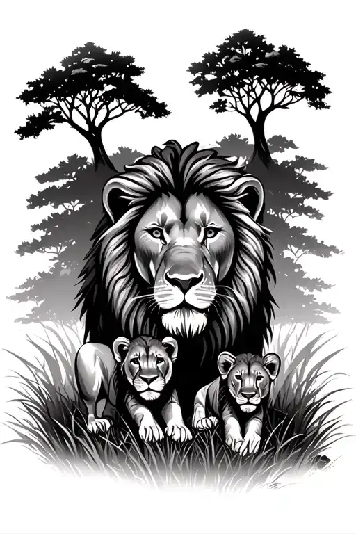 Aggressive Male Lion With Two Cubs In Black And Grey With Trees And Grass