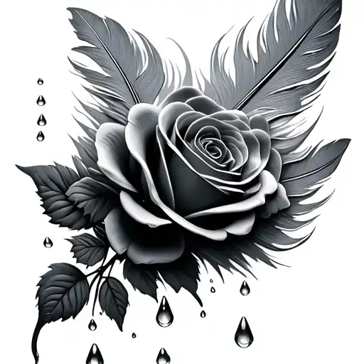 3D Feather With Roses And Water Droplets Falling