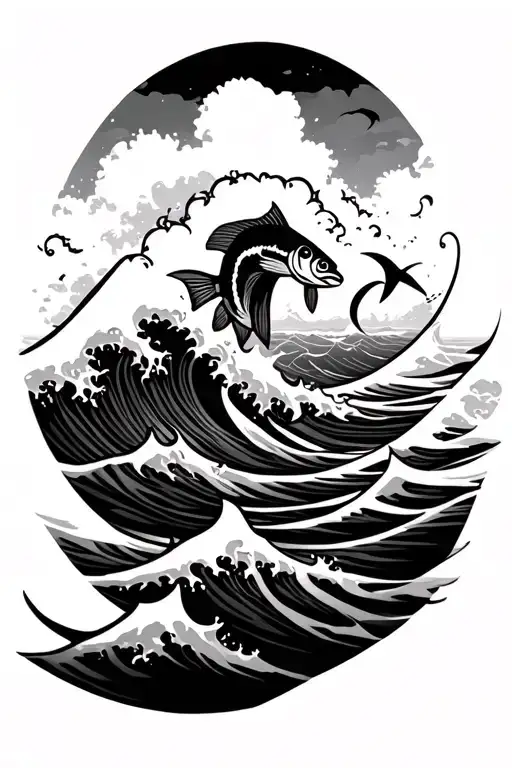 Deep Ocean Waves Crashing With Fish Jumping Out Between The Waves