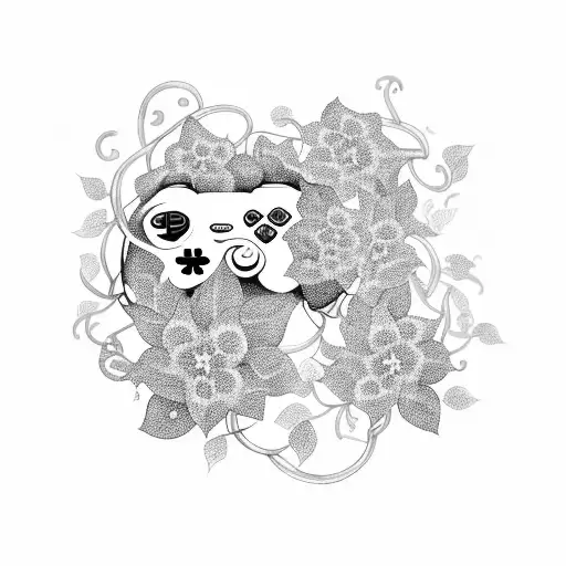 A Black And Grey Tattoo Of A Video Game Controller Entangled In Vines And Flowers
