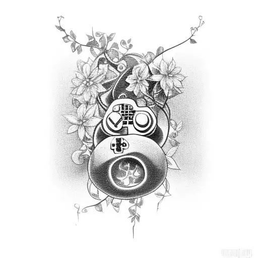 A Black And Grey Tattoo Of A Video Game Controller Entangled In Vines And Flowers