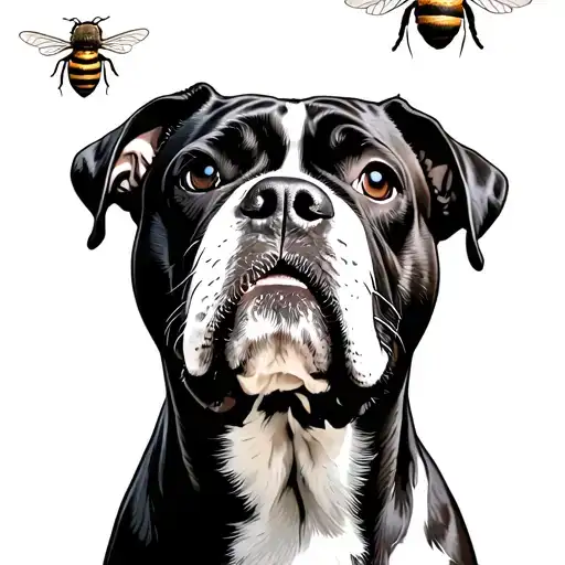 Boxer Dog Looking Up At Sky With A Bee Flying Around It's Head