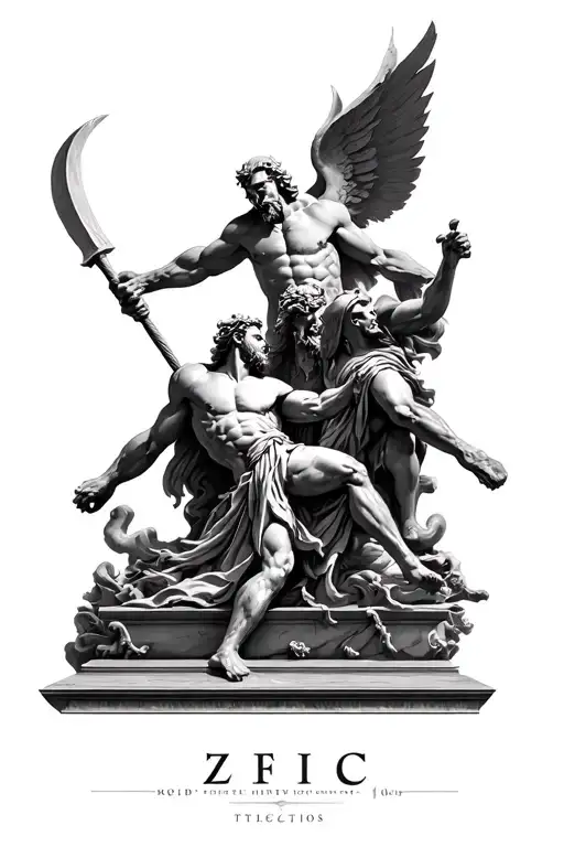 Epic Battle Scene Between Zeus And Odin Styled Like Marble Sculptures