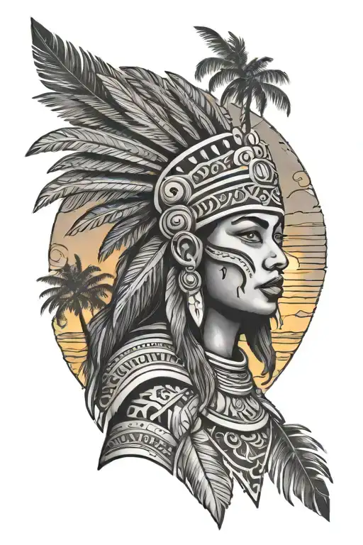 Aztec Warrior Woman With Sunset And Palm Trees In Background