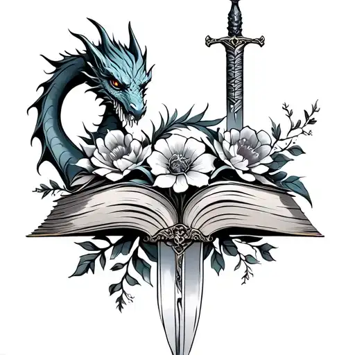 Books With Dragon And Sword With Flowers Intertwined