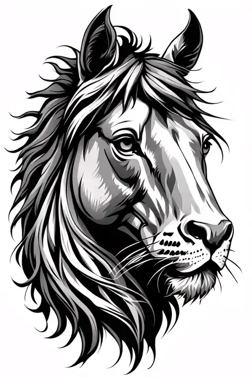 Half Horse Head On Left And Half Lion Head On Right Tattoo Design Featuring