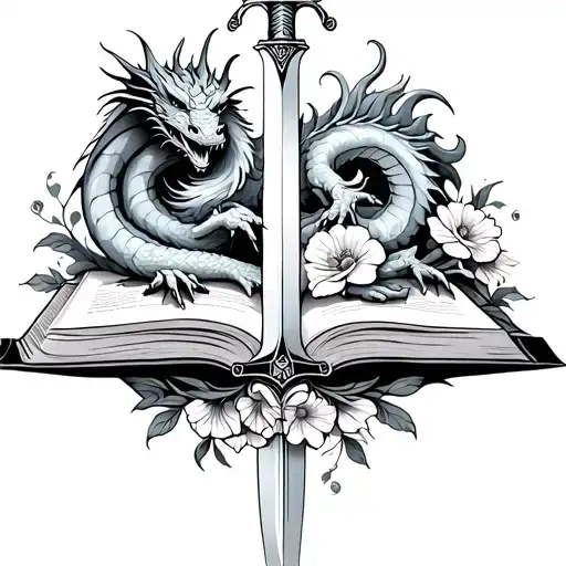 Books With Dragon And Sword With Flowers Intertwined