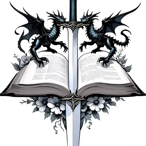 Books With Black Dragons Flying And Sword With Flowers Intertwined