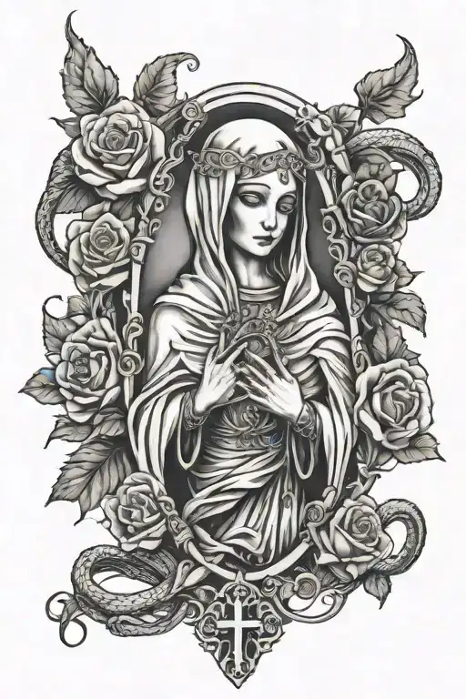Sleeve Tattoo With Virgin Mary And The Grim Reaper And Snakes And Roses And Rosary Cross Necklace