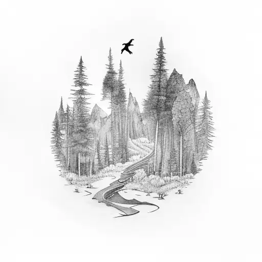 A Black-grey Tattoo Of A Hiking Trail Winding Through A Forest With Animals Hidden Among The Trees
