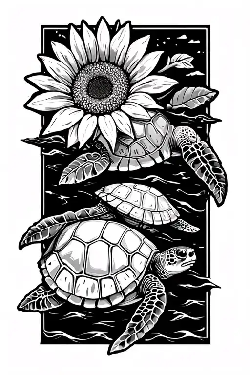 Sunflowers And Sea Turtles Swimming In The Ocean