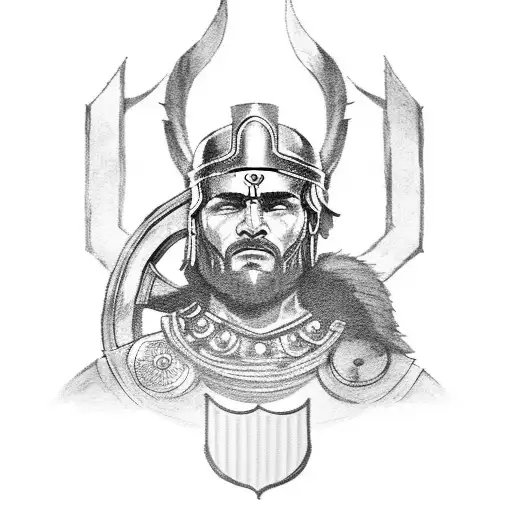 A Stoic Spartan Warrior Holding A Shield Adorned With Symbols Of Gods In A Black-grey Style