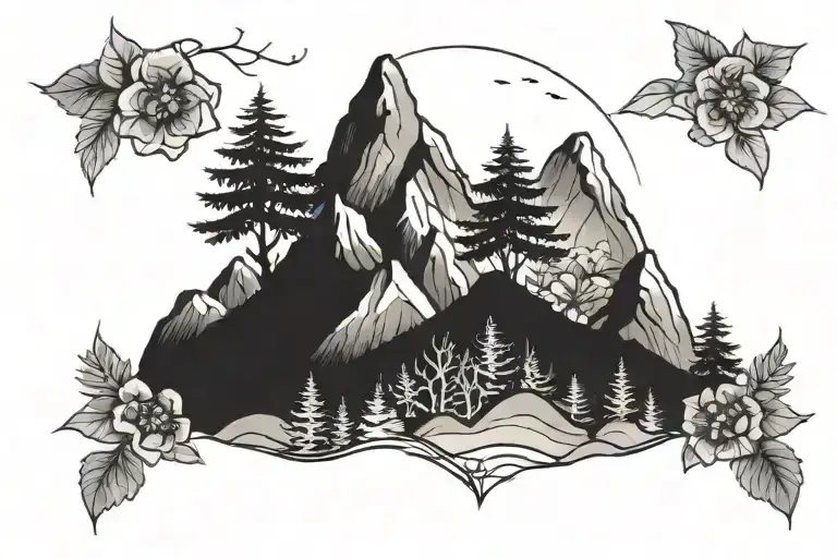 Mountians Range With Trees And Flowers