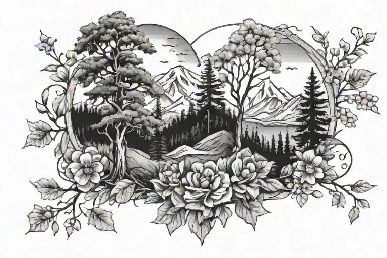 Mountians Range With Trees And Flowers