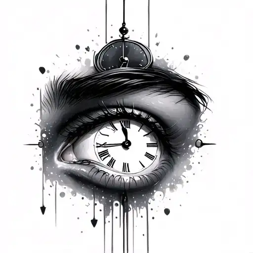 Womans Eye With A Clock Behind Black And White