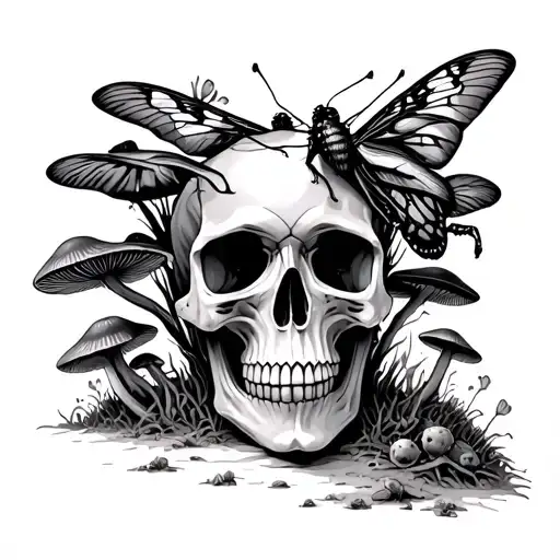 Skull With Mushrooms Growing Out Of It With A Deathmoth On It