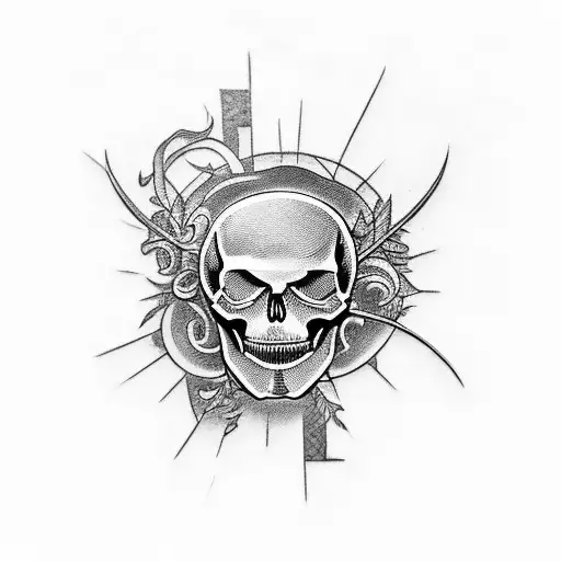 A Metal Music-themed Tattoo Featuring A Skull Surrounded By Nature Elements