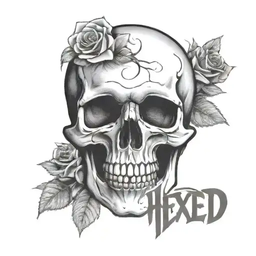 Skull With Roses The Word 'Hexed' Written In Elegant Cursive Hand Writing
