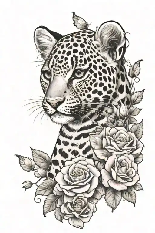 Baby Leopard Surrounded By Roses And Pink Butterflies