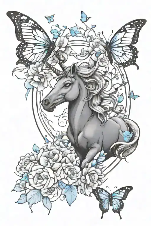 Sagittarius Symbol Surrounded By Blue Butterflies And Blooming Flowers