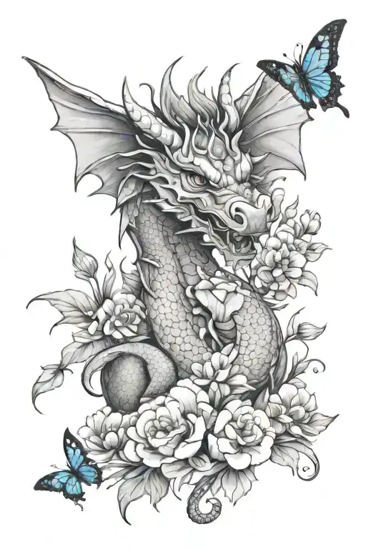 Happy Dragon Surrounded By Blooming Flowers And Blue Butterflies