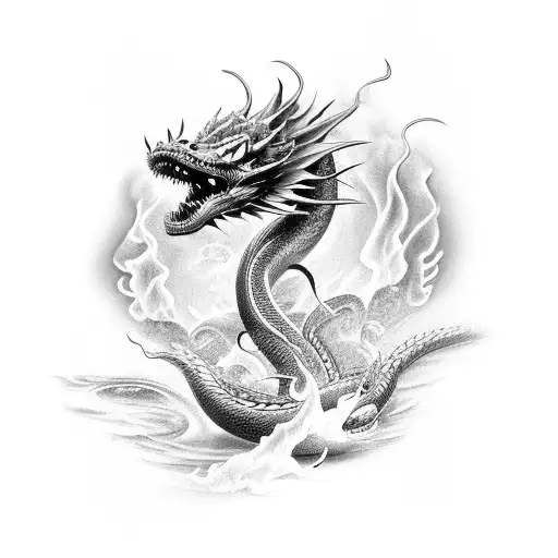 A Black-grey Tattoo Of A Swimming Snake Transforming Into A Dragon