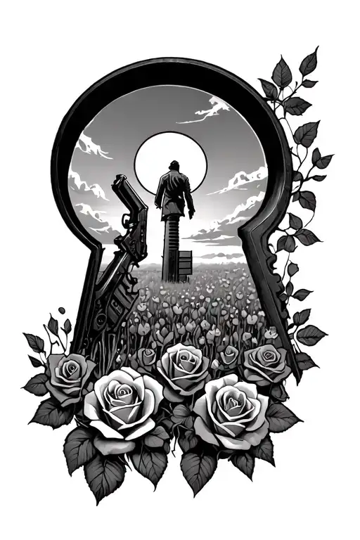 Dark Tower Inside A Key Hole With A Field Of Roses And A Gunslinger In The Field