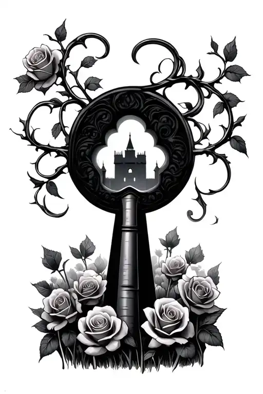A Key Hole Where Inside Is A Field Of Roses With A Dark Tower In The Background