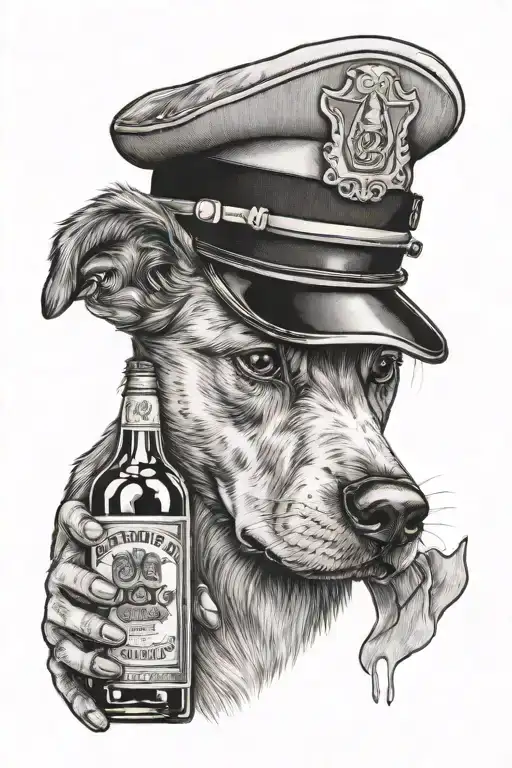 A Tattoo Design Of A Dog Wearing A Police Hat And Holding A Bottle Of Bourbon In Its Mouth