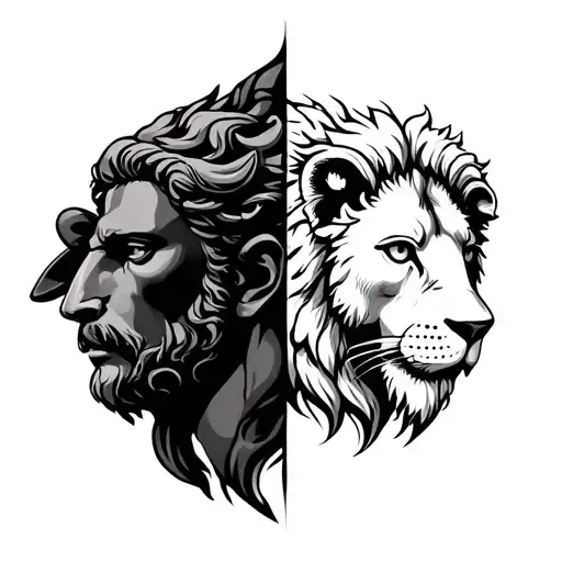 Janus Greek God But With Black Sheep On Left Face And White Lion On Right Face