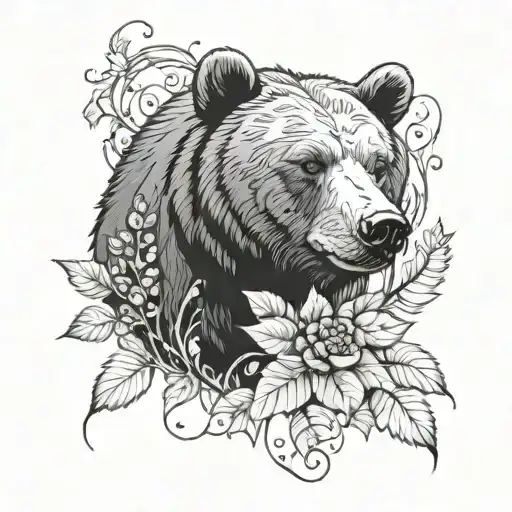 Bear Head With Black Berry Vines And Flowers Sleeve