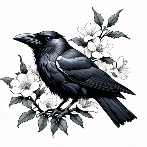 Raven With Honeysuckle Flowers Growing Together
