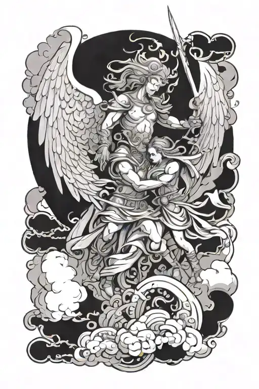 An Intricate Design Of An Angel And Demon Engaged In Battle On A Cloud