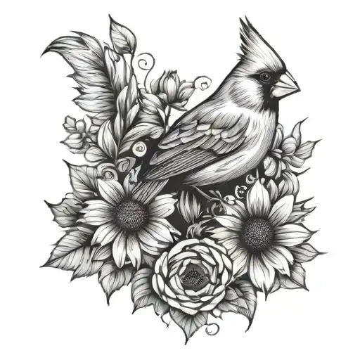 Cardinal Bird And Flowers And Sunflower