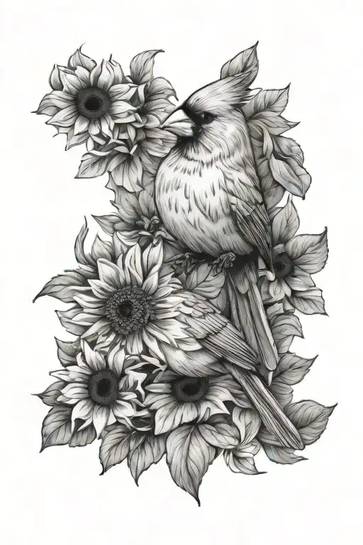 Cardinal And Flowers And Sunflower